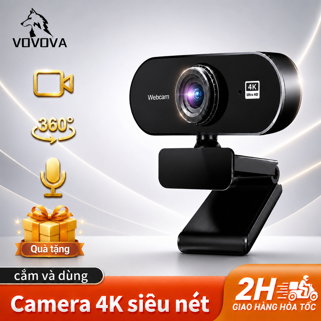 Webcam 4K/2K/1080P/720P Xoay 360° Có Mic Cổng USB VOVOVA - Camera PC & Laptop - Livestream, Học Onli