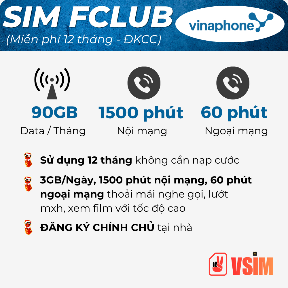 SIM DATA FCLUB VINAPHONE TRẢ TRƯỚC - MIỄN PHÍ SỬ DỤNG 12 THÁNG