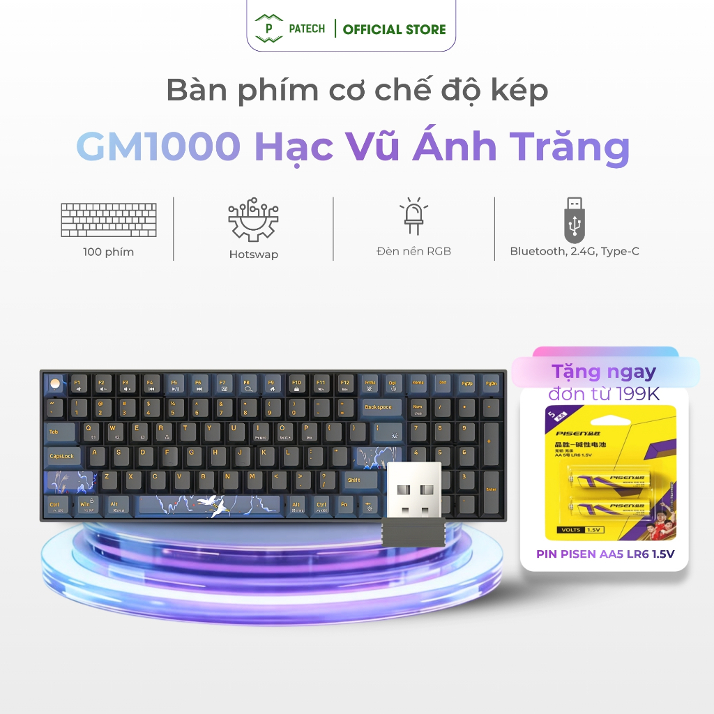 Bàn Phím Cơ GM1000(Hạc Vũ Ánh Trăng),100 nút,Layout 96%,LED RGB,PBT,Dualmode 2.4Ghz Bluetooth,Type-C