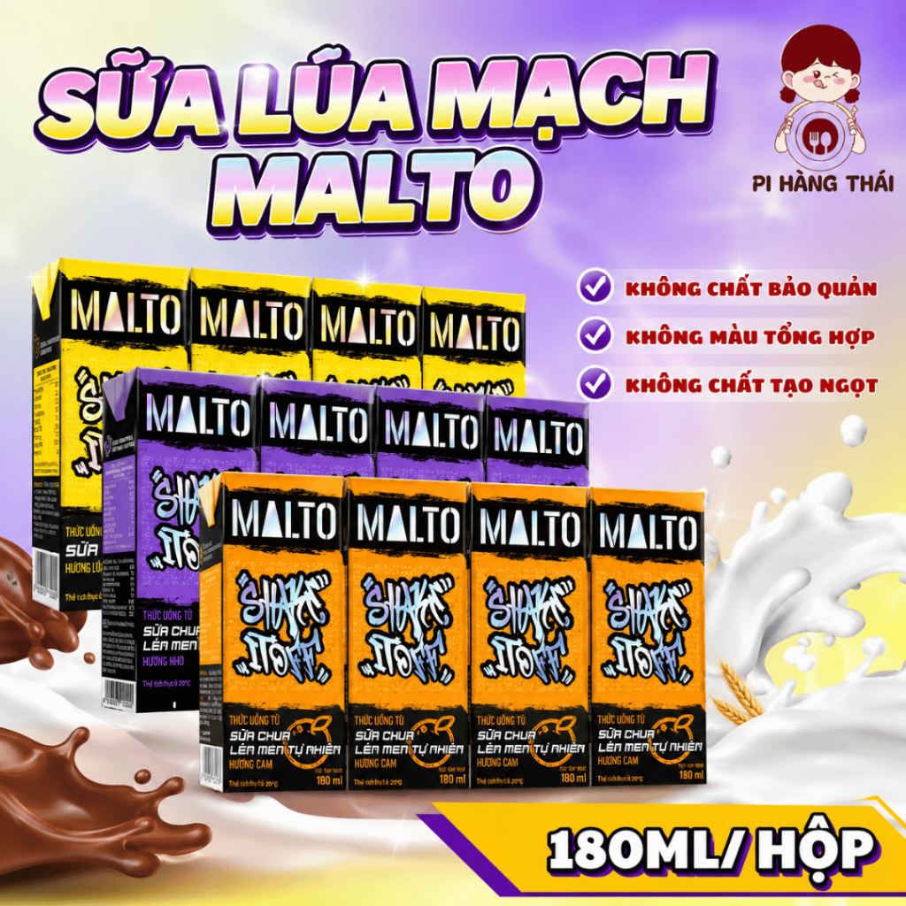 Sữa Malto nhiều hương vị nho,cam,socola 180ml, thức uống dinh dưỡng,tiện lợi,Pi Hàng Thái