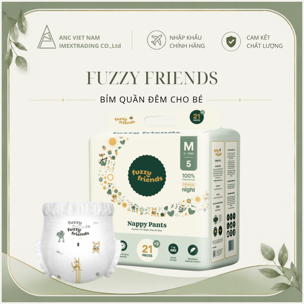 Bỉm Fuzzy Friends (1 Thùng) - Bỉm đêm mỏng mềm cho bé