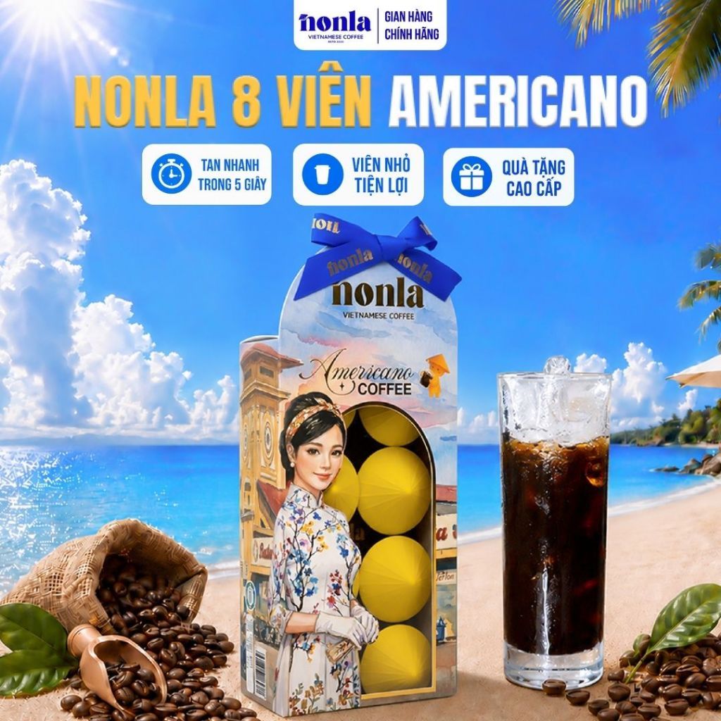 Hộp Cà Phê Hòa Tan Americano Sấy Thăng Hoa NONLA COFFEE Không Đường Tan Trong Nước Lạnh 8 Viên
