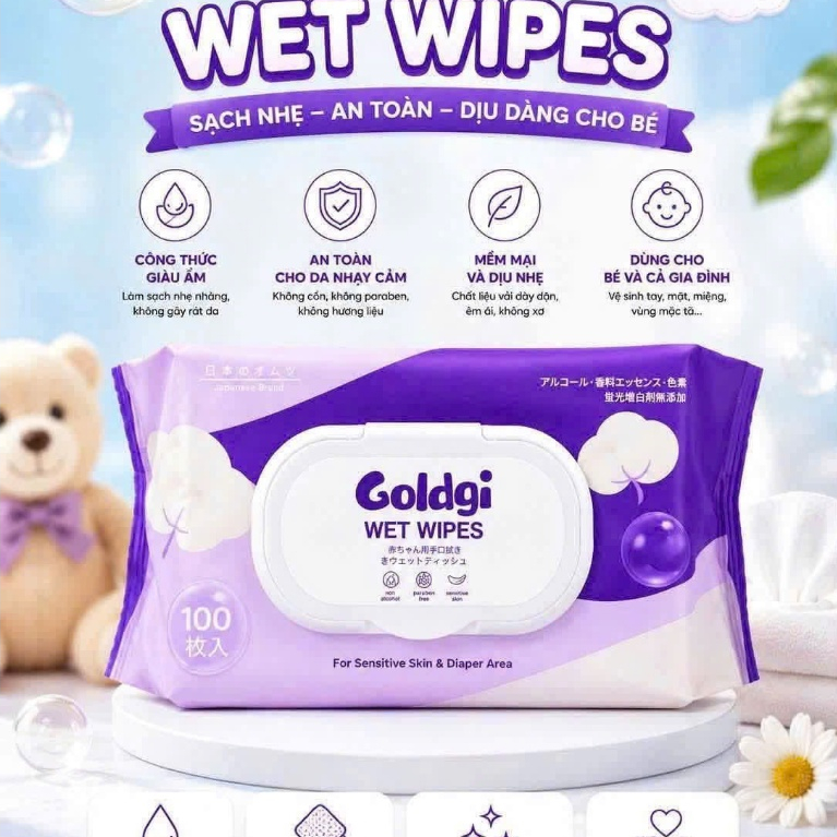 Khăn Ướt Goldgi 100 tờ An Toàn cho trẻ không mùi hương, không hương liệu