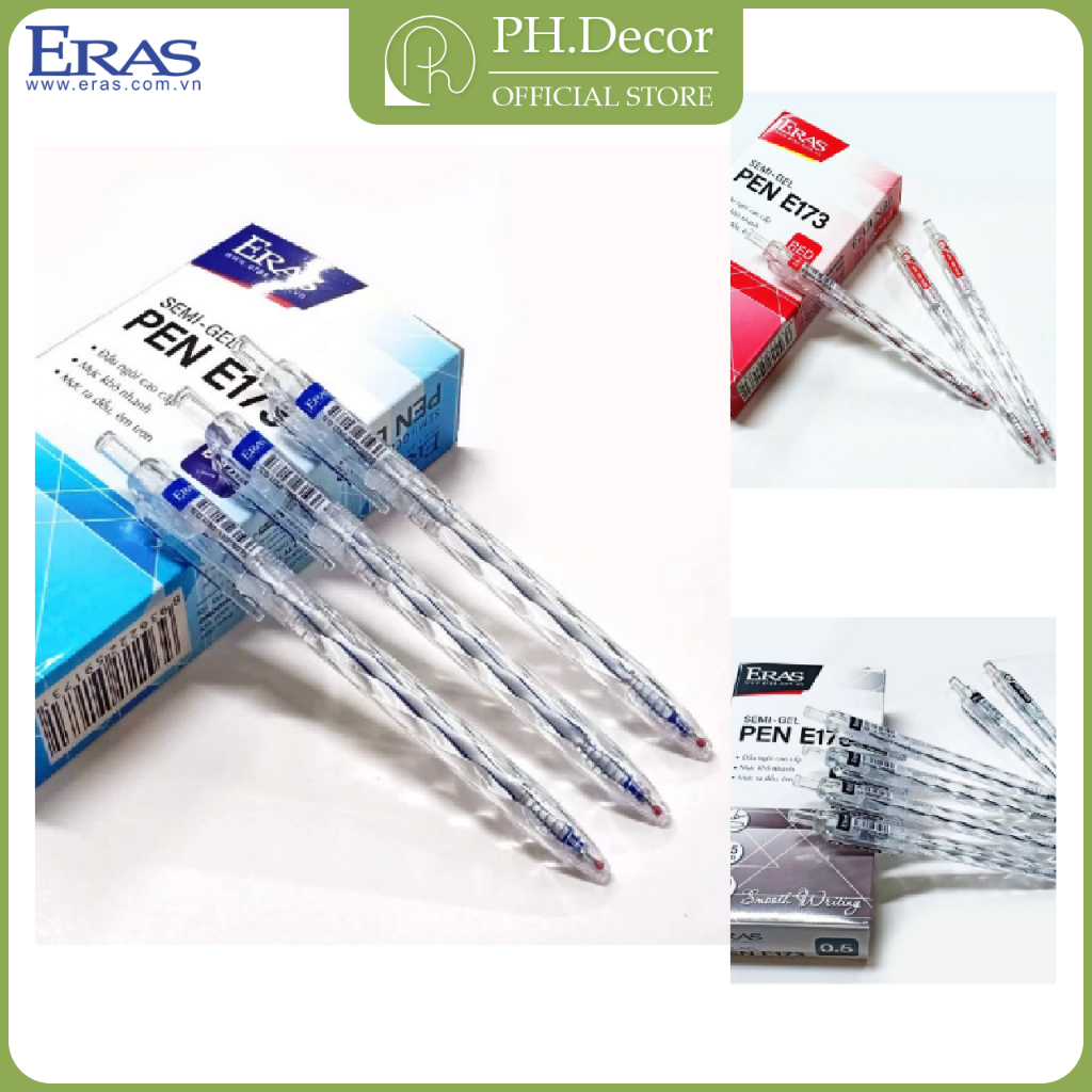 Bút Bi ERAS Semi Gel Pen 0.5mm E173 | Mực êm trơn, mực Xanh/Đỏ/Đen