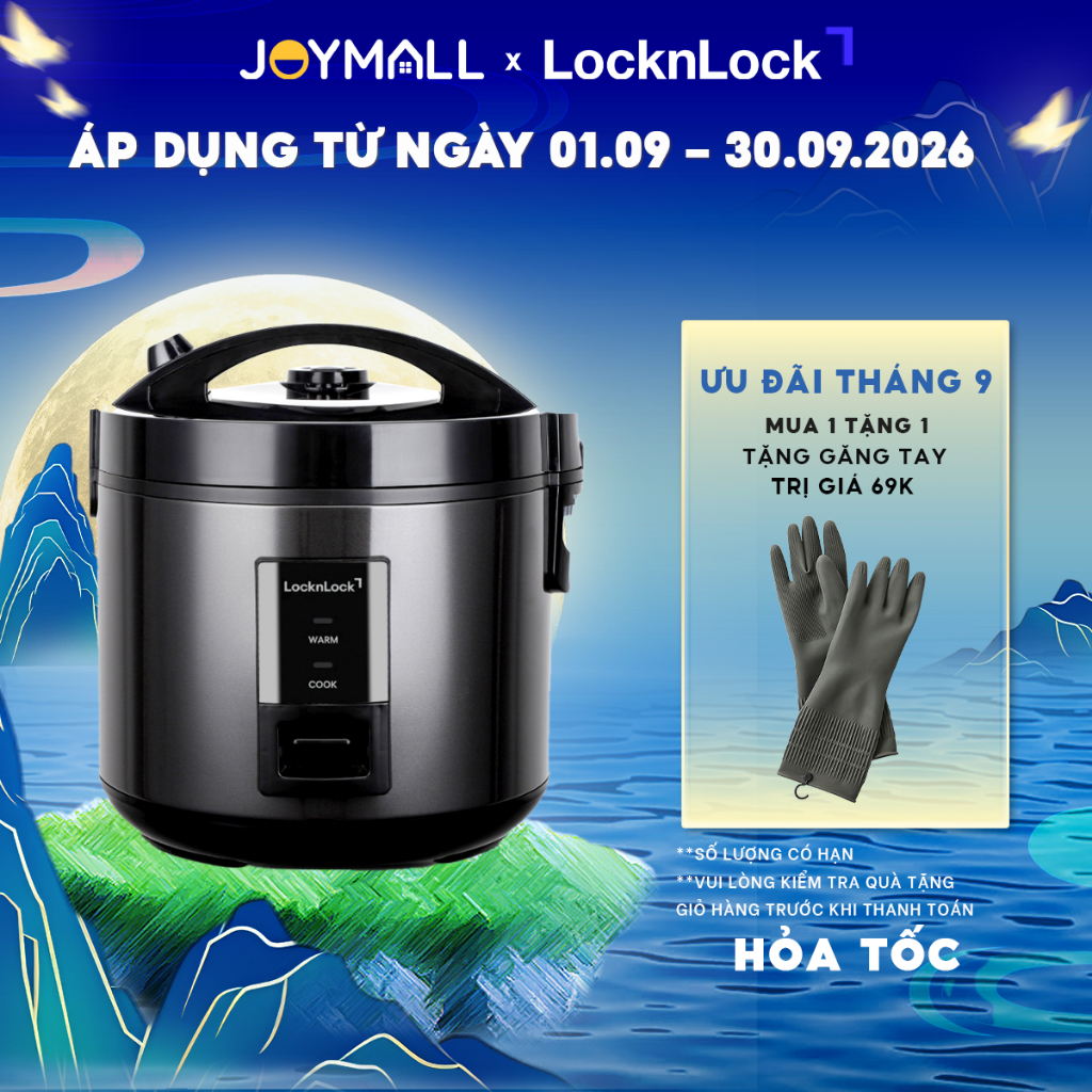 Nồi cơm điện LocknLock Daily rice cooker EJR472BLK 1.8L màu đen, hàng chính hãng, nấu chỉ 1 nút nhấn