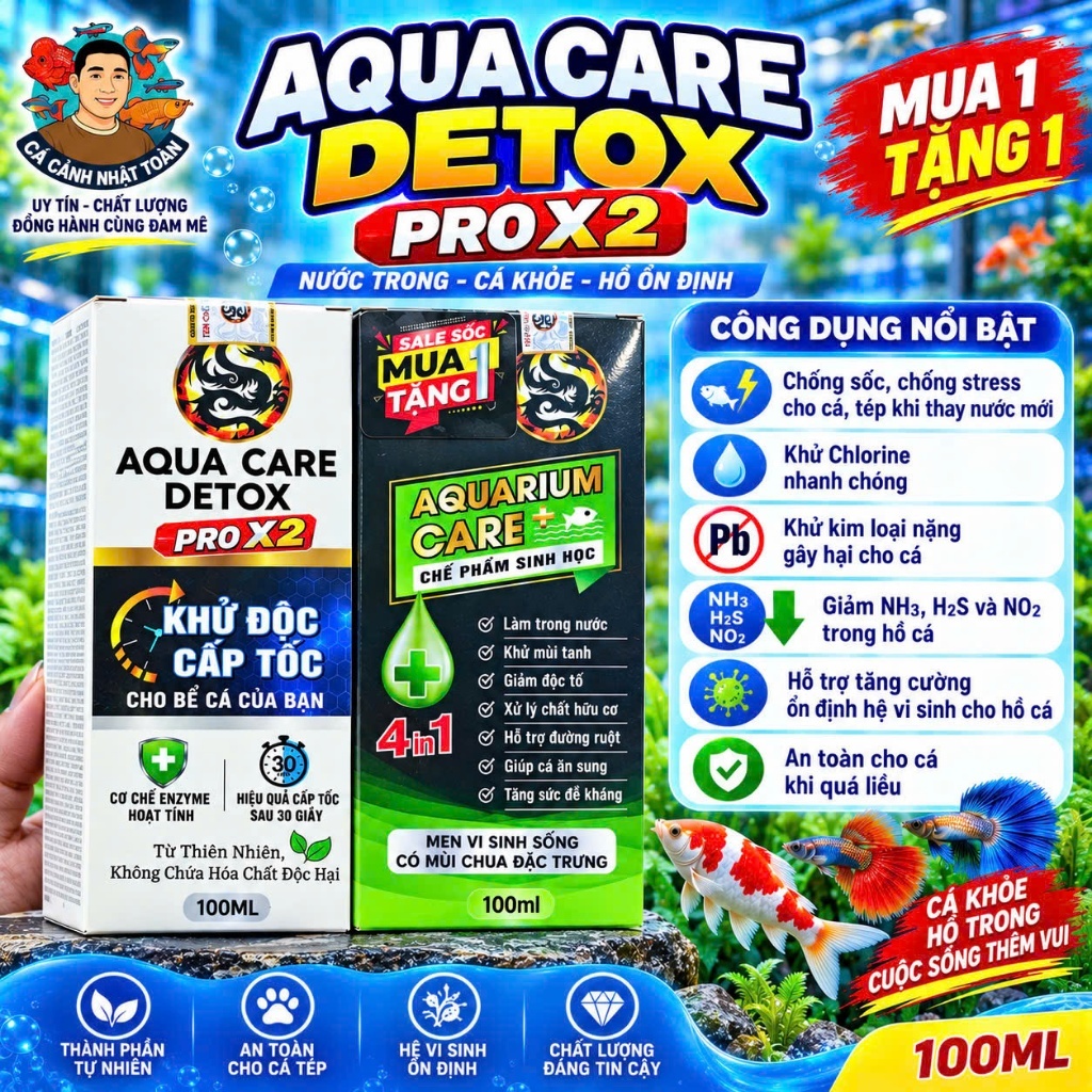 [Mua 1 Tặng 1] Aqua Care Detox Pro X2 Khử Độc Bể Cá Tặng Vi Sinh Aquarium Care Làm Trong Nước Bể Cá