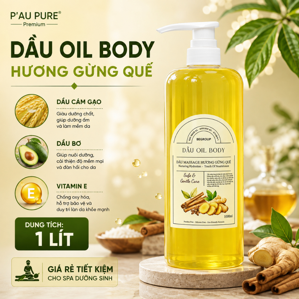 [SIZE 1 LÍT - GIÁ SỈ CHO SPA DƯỠNG SINH] DẦU MASSAGE BODY GỪNG QUẾ