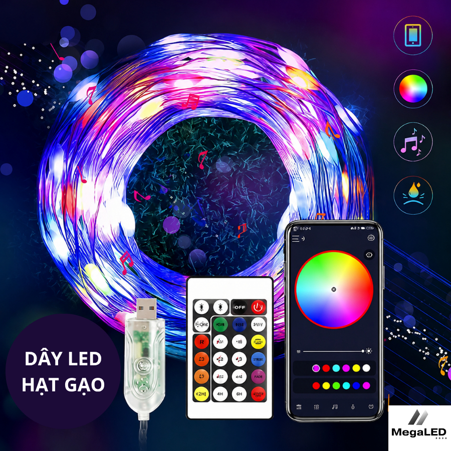 Dây LED HẠT GẠO ARGB 10m,20m 16 Triệu Màu, Đầu Cắm USB, Có Điều Khiển, Nháy Theo Âm Nhạc, Chỉnh App,