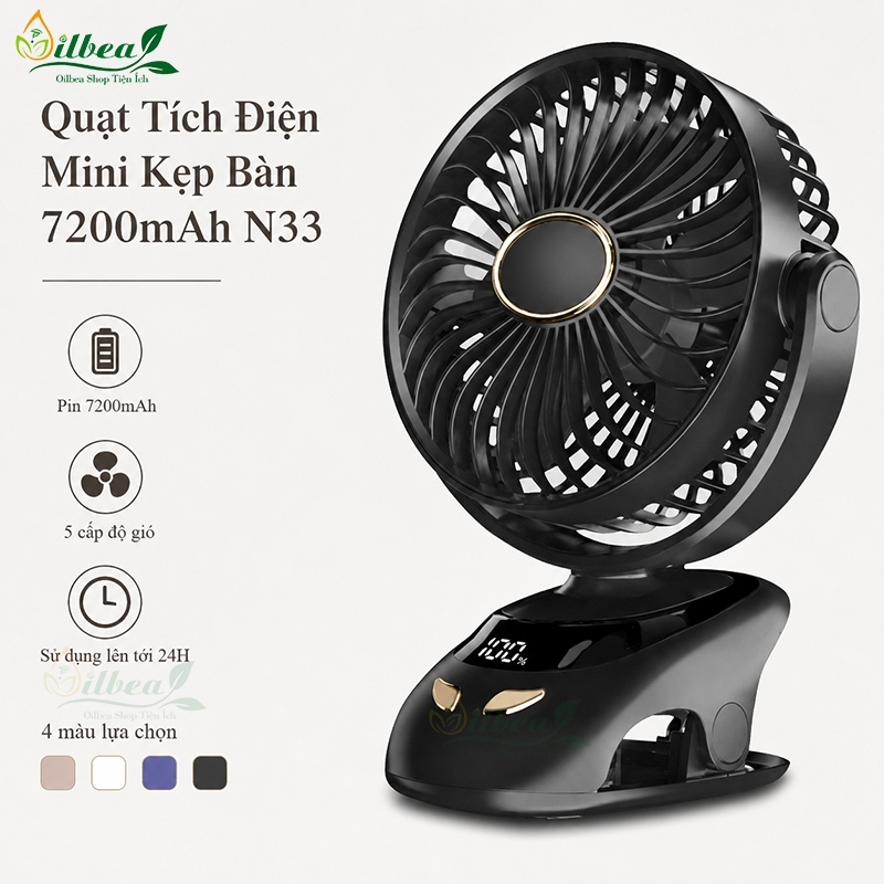 Quạt Tích Điện N33 - A6 Mini Kẹp Bàn Có Màn Hình LED Hiện Thị Dung Lượng 7200mAh