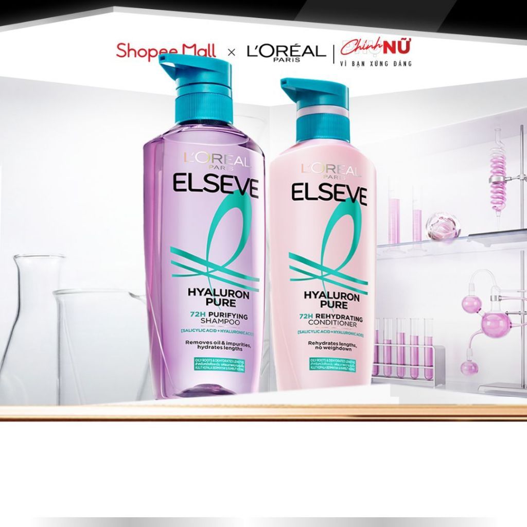 Bộ đôi gội xả nhẹ bồng mái tóc 72H Elseve HA Pure cho da đầu dầu hoặc Moist cho da đầu khô L'Oreal Paris 620ml, 375ml