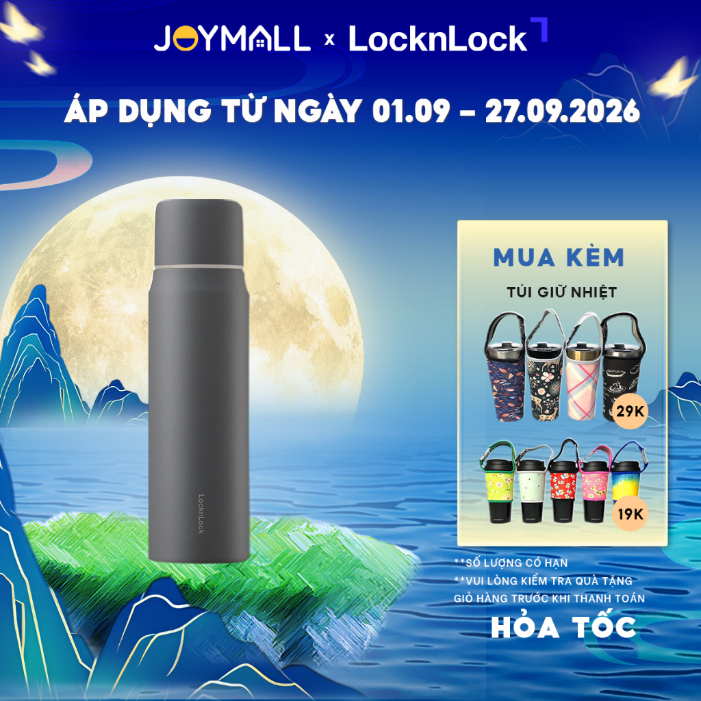 Bình giữ nhiệt LocknLock 505ml Xám LHC1487GRY - Hàng chính hãng, nắp dùng làm cốc nước - JoyMall