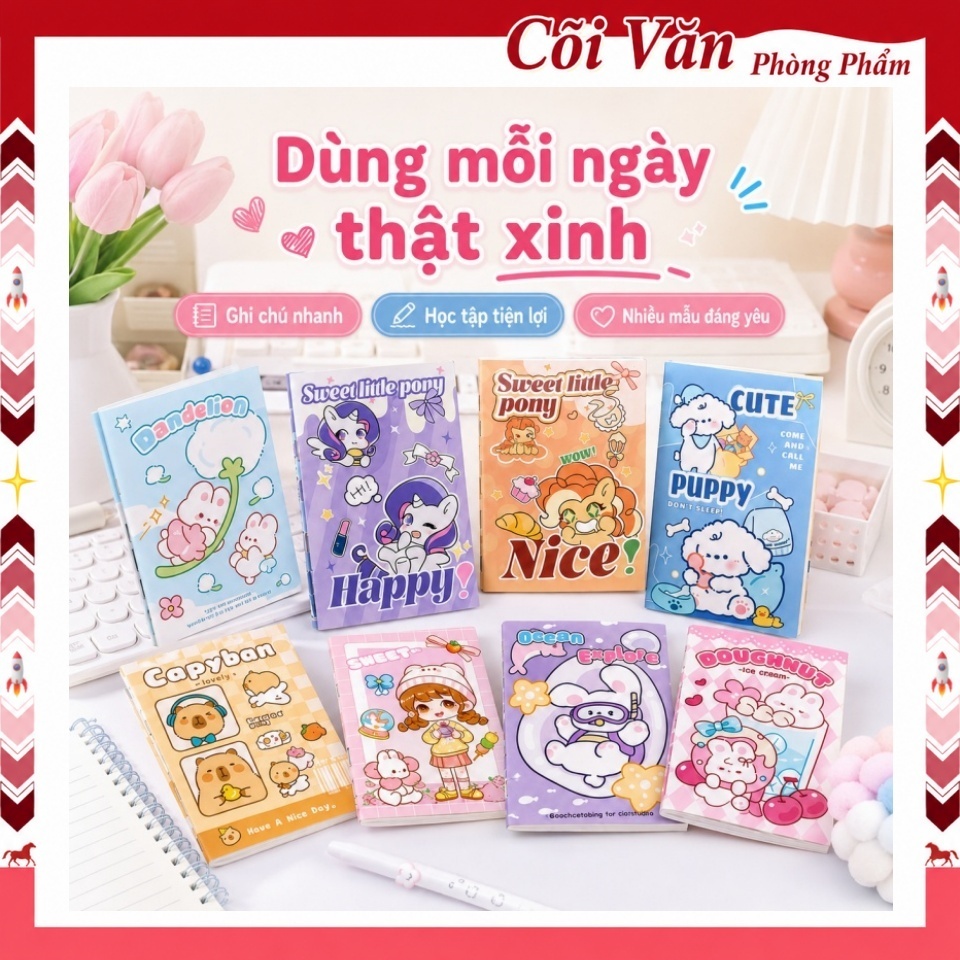 Sổ tay ghi chú dạng kẹp ngựa (ghim càng cua) hình hoạt hình, ruột kẻ ngang, 16 tờ/quyển, kích thước 