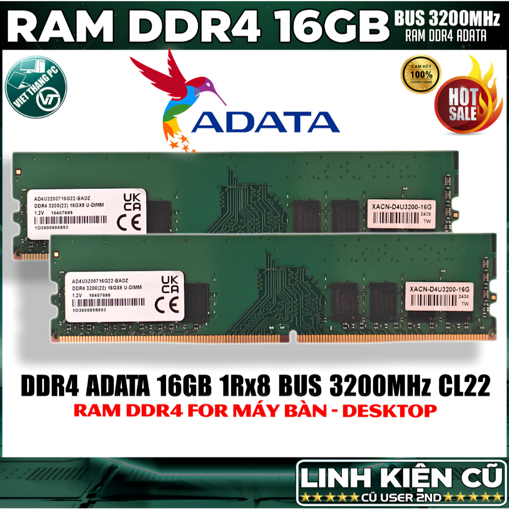 Ram Máy Tính Adata 16GB DDR4 3200MHz Đã qua sử dụng còn đẹp cho Main H110, H310 ( Cũ - LikeNew )