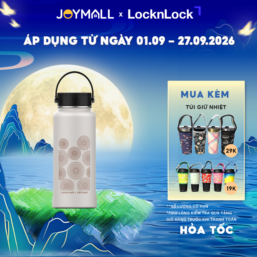 Bình giữ nhiệt LocknLock 897ml Riga Nón Lá LHC4160BEG, Hàng chính hãng, lưới lọc trà inox -JoyMall