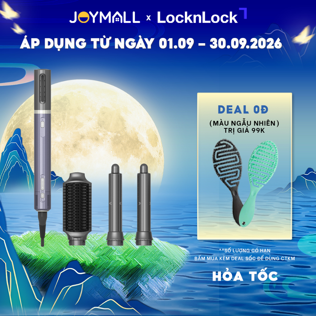 Máy Sấy Tạo Kiểu Tóc Ion Âm LocknLock ENA526GRY 1200W, Hàng Chính Hãng, 4 Đầu Phụ Kiện -JoyMall