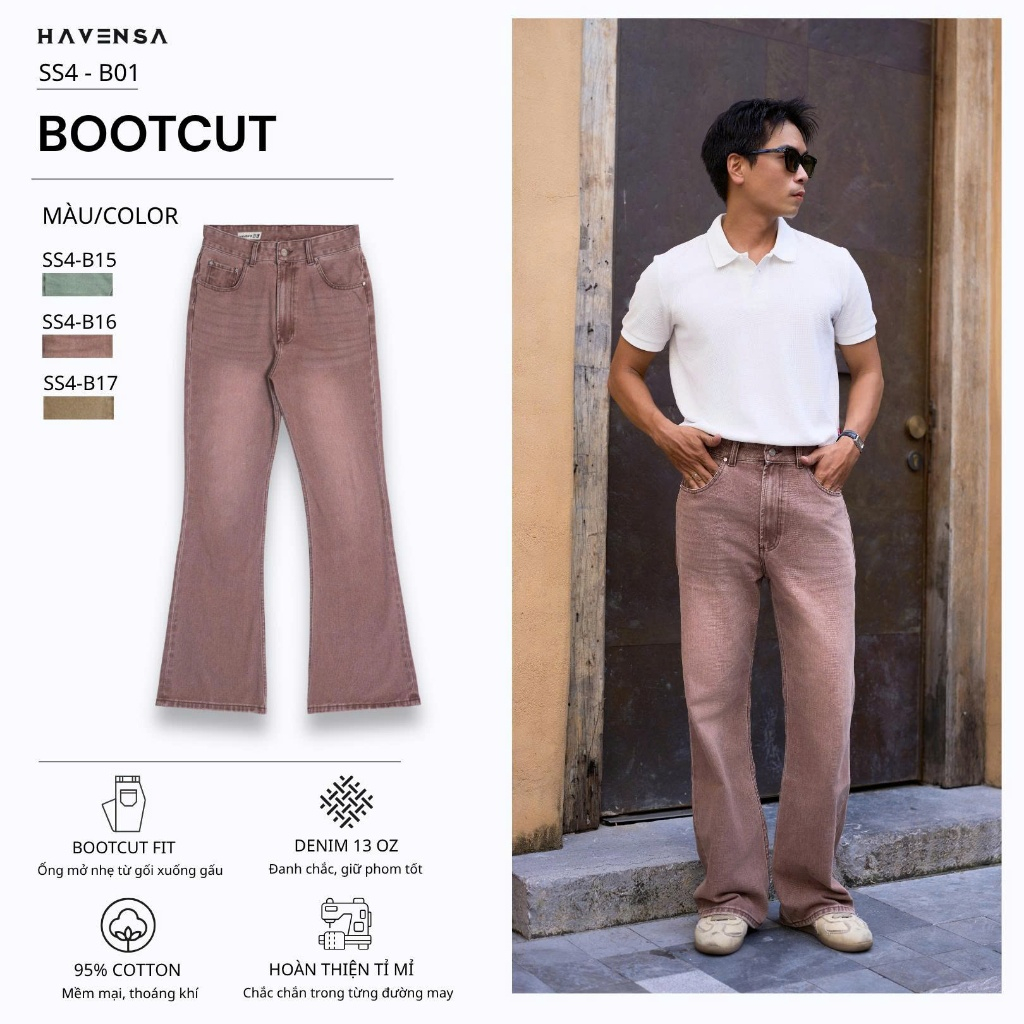 Quần jean form bootcut Haven’s,Quần Jean nam Ống Rộng sợi vải 100% cotton công nghệ dệt đa lõi [SS4-