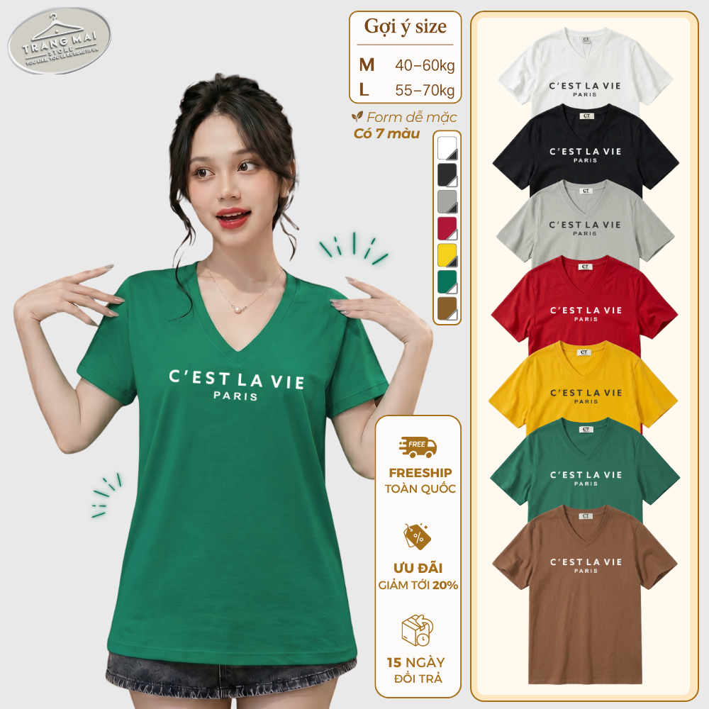 [T48] Áo Thun Nữ Cổ Tim Chữ In CEST LAVIE Vải Cotton 4 Chiều Co Giãn Dày Dặn Thoáng Khí Êm Nhẹ