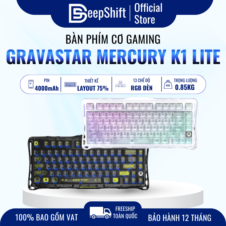 Bàn phím cơ GravaStar Mercury K1 Lite Transparent Black RGB Wireless Hot Swap Gaming Keyboard