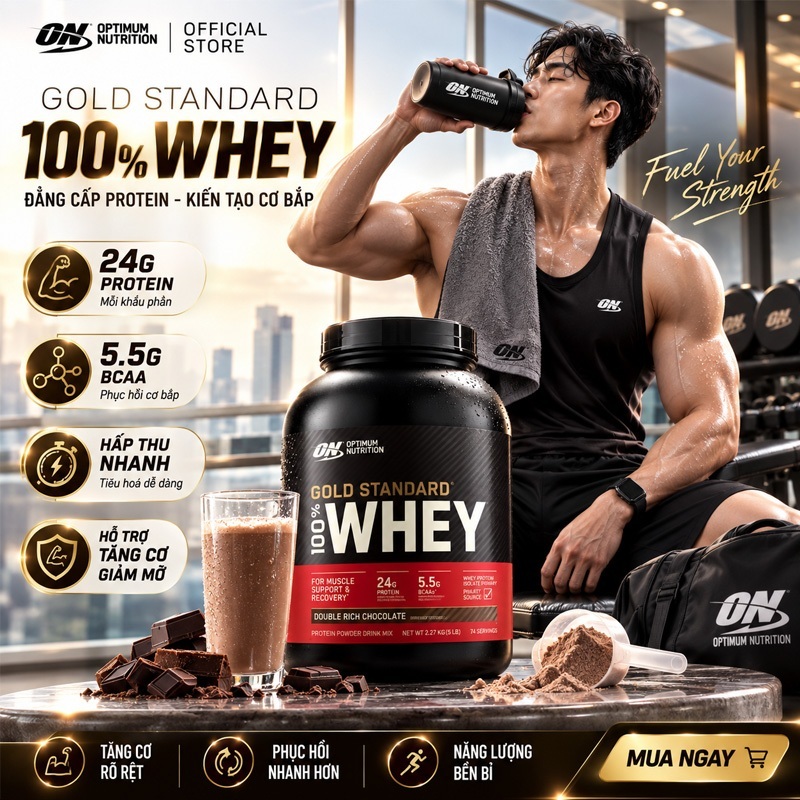 Optimum Nutrition Vàng tiêu chuẩn Whey 5lbs Whey Protein, Phục hồi cơ bắp, ON Whey, Sau tập luyện