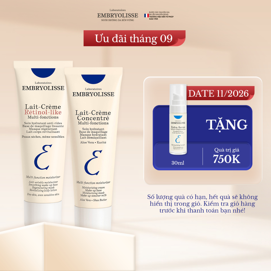 Combo Chăm Da Ngày và Đêm Embryolisse - Kem Dưỡng Ẩm Phục Hồi và Kem dưỡng chống lão hoá Retinol Lik