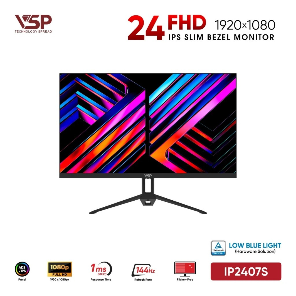 Màn Hình VSP IP2407S Đen (24 Inch / FHD / IPS / 144Hz / 1ms) - Màn hình Gaming Esport viền mỏng tràn