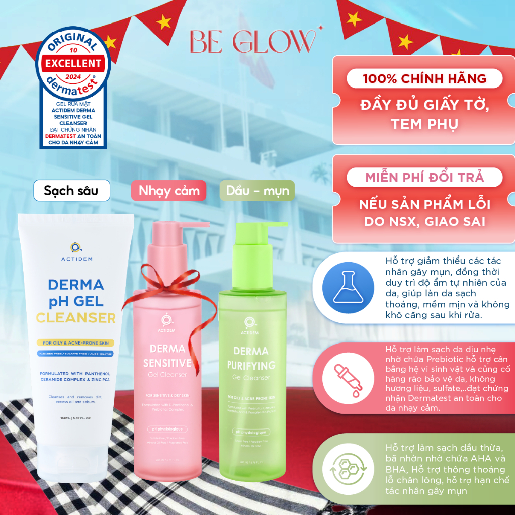 Gel rửa mặt cho da dầu mụn, hỗn hợp, khô nhạy cảm Actidem Derma pH Gel Cleanser 150ml/200ml