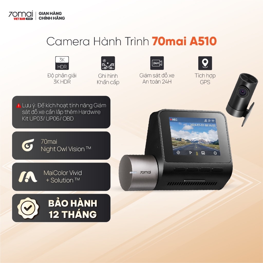 Camera hành trình 70mai A510, 3K HDR Ghi hình đồng thời 2 mắt trước sau sắc nét
