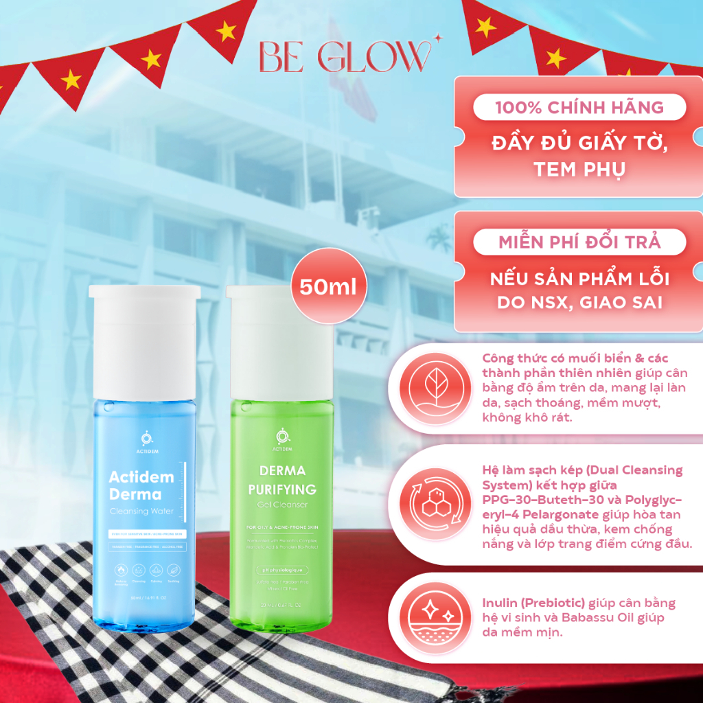 Nước Tẩy Trang Actidem Derma Cleansing / Purifying Water cho da mụn, nhạy cảm 50ml - Be Glow Beauty
