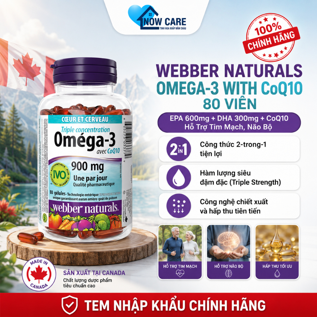 (Canada) Webber Naturals Omega-3 with CoQ10 80 Viên Chính Hãng EPA 600mg + DHA 300mg + CoQ10 Hỗ Trợ 