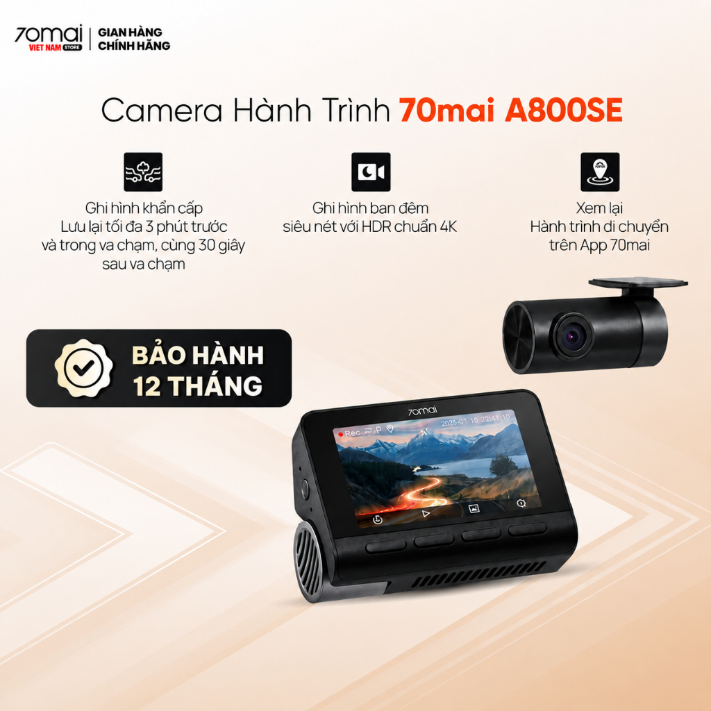 Camera hành trình 70mai A800SE độ phân giải 4K, cam trước sau, Chế độ HDR, Phiên Bản Quốc Tế