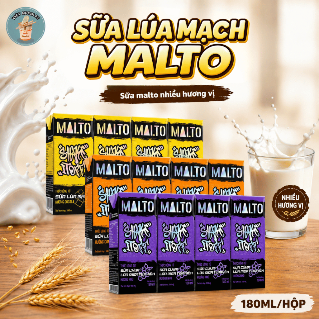 Sữa malto lúa mạch nhiều hương vị nho,cam, socola - thùng 480 hộp/180ml - dễ uống - Việt Nam