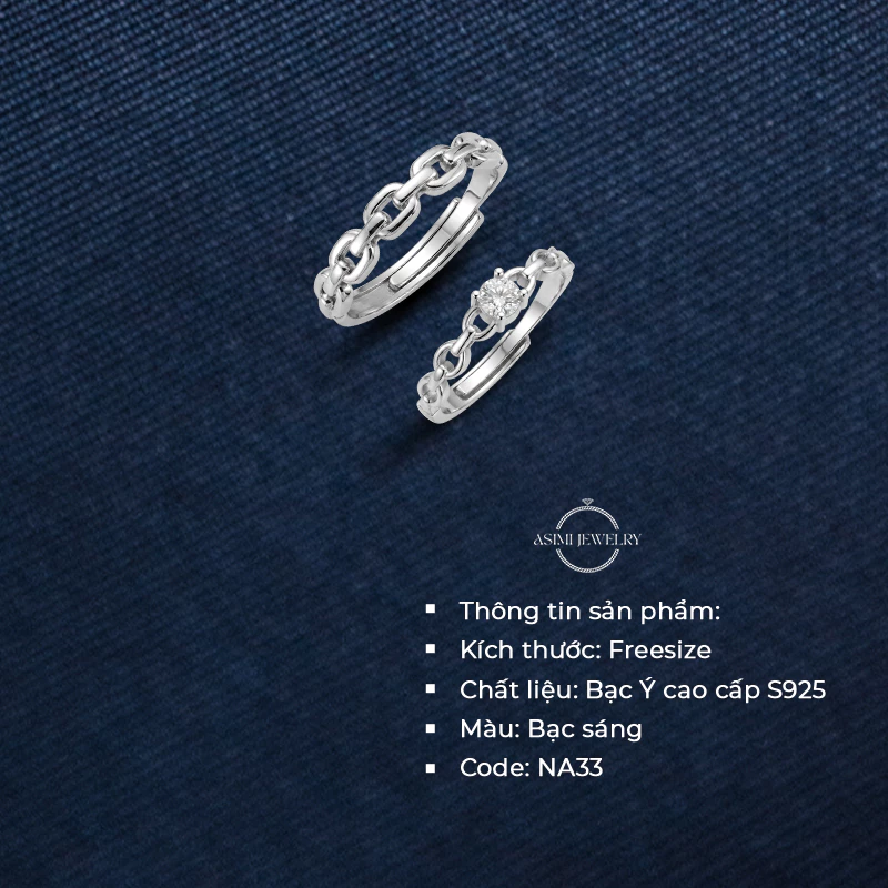Nhẫn đôi bạc S925 Mắt Xích Đính Đá Asimi Catena Eterna NA33 2