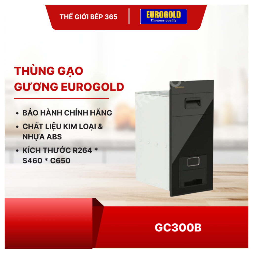 Thùng Gạo Gương Nút Nhấn Eurogold GC300S/ GC300B – Inox Mặt Gương, Tủ Rộng 300mm