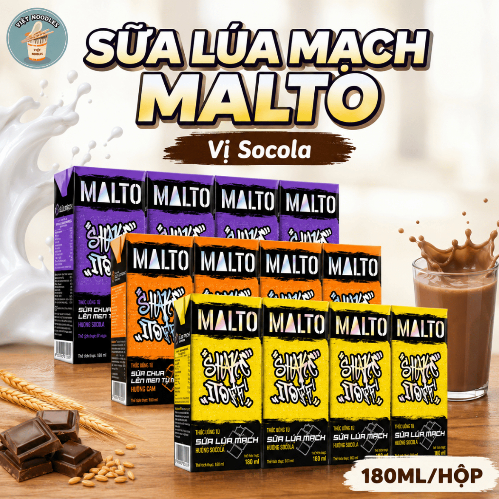 Sữa malto mang nhiều hương vị socola, nho, cam - không thạch -  thùng 48 hộp x 180ml - dễ dùng