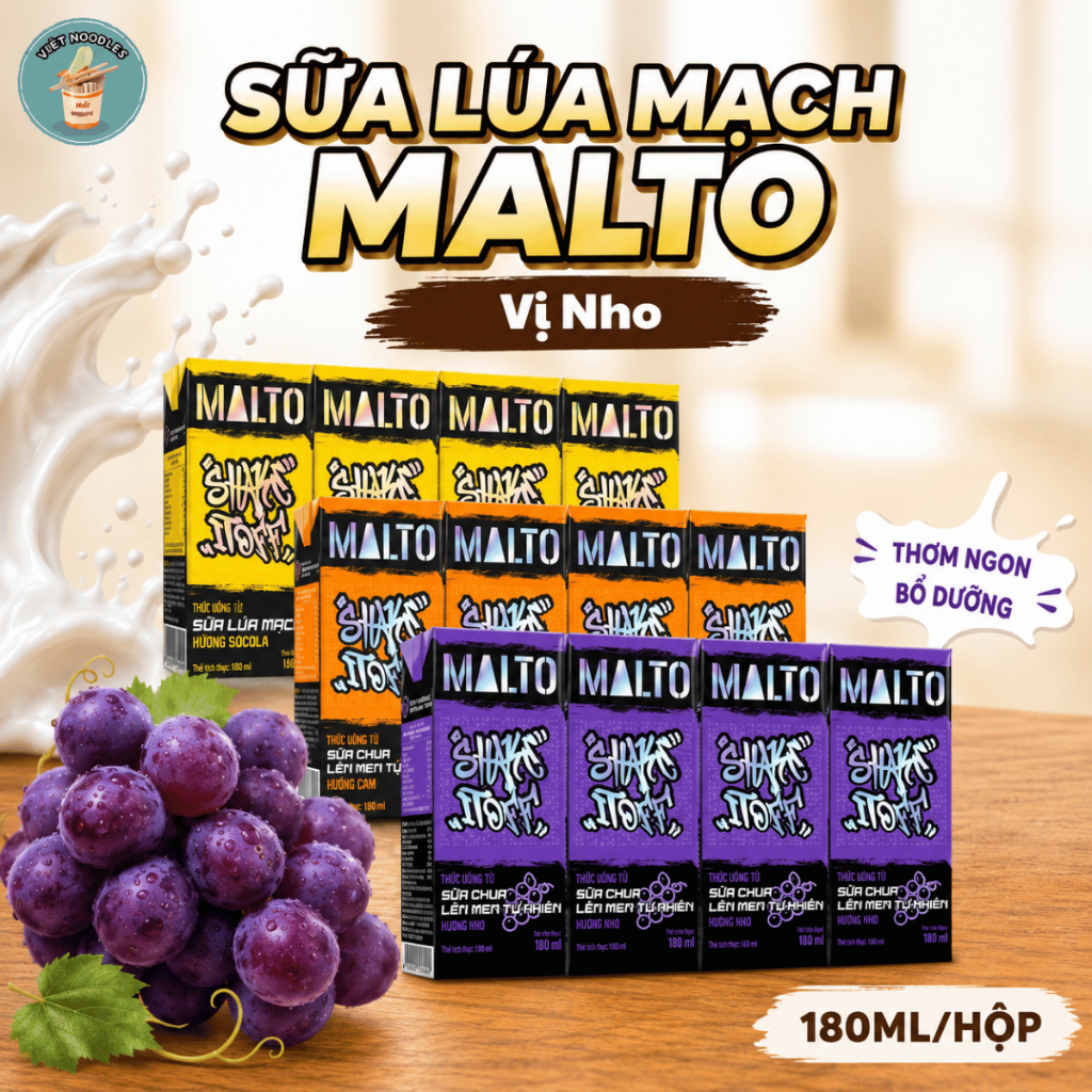 Thùng sữa lúa mạch MALTO Socola, Bạc Hà, Nho 48 Hộp x 180ml - thức uống dinh dưỡng