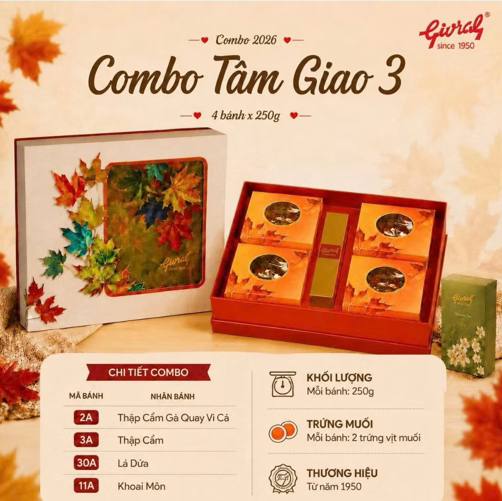 Bánh trung thu Givral Combo TÂM GIAO 3 gồm 4 bánh * 250gr ( 2A - 3A - 11A - 30A )