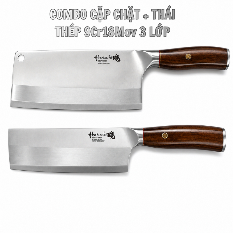 Cặp Dao Chặt Xương Sườn - Chặt Gà Vịt Cá - Dao Nakiri Thép 9cr18mov Rèn 3 Lớp không gỉ