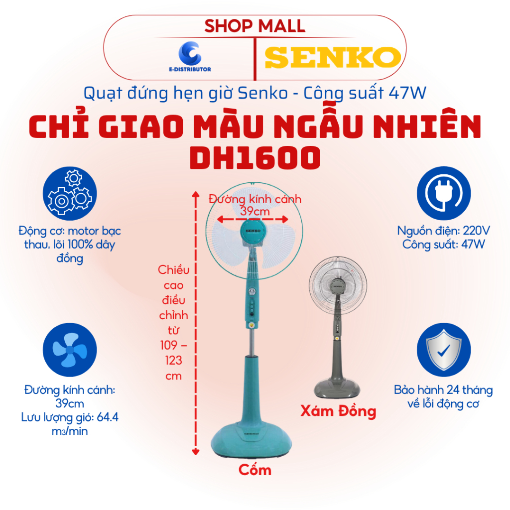 [HỎA TỐC] Quạt đứng hẹn giờ SENKO DH1600 - Công suất 47W - Giao màu ngẫu nhiên - Hàng chính hãng