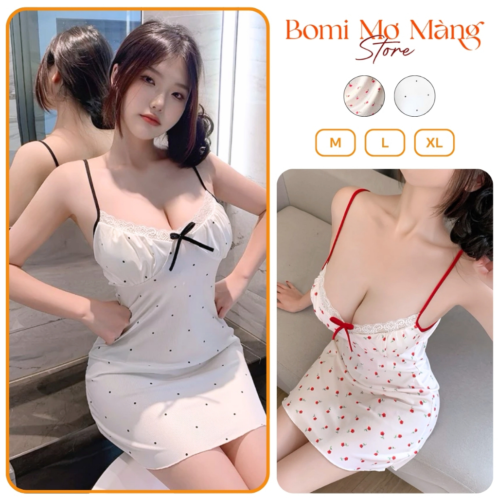 Váy Ngủ Lụa Hai Dây Satin Quảng Châu, Phối Voan ở Ngực Áo Chất Lụa Mềm Chống Nhăn