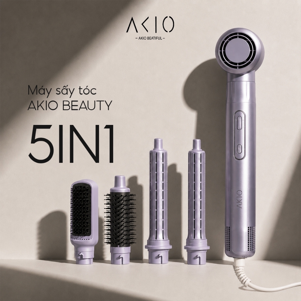 Máy Sấy Tóc Tạo Kiểu 5in1 AKIO BEAUTY Công Nghệ Ion Âm Bảo Vệ Tóc, Công Suất 1300W Bảo Hành 24 Tháng