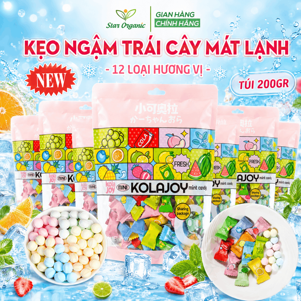 Kẹo Ngậm Trái Cây Không Đường Vitamin C Mát Lạnh Mix 12 Vị Trái Cây Dạng Túi 200G/ 500G - Star Organ
