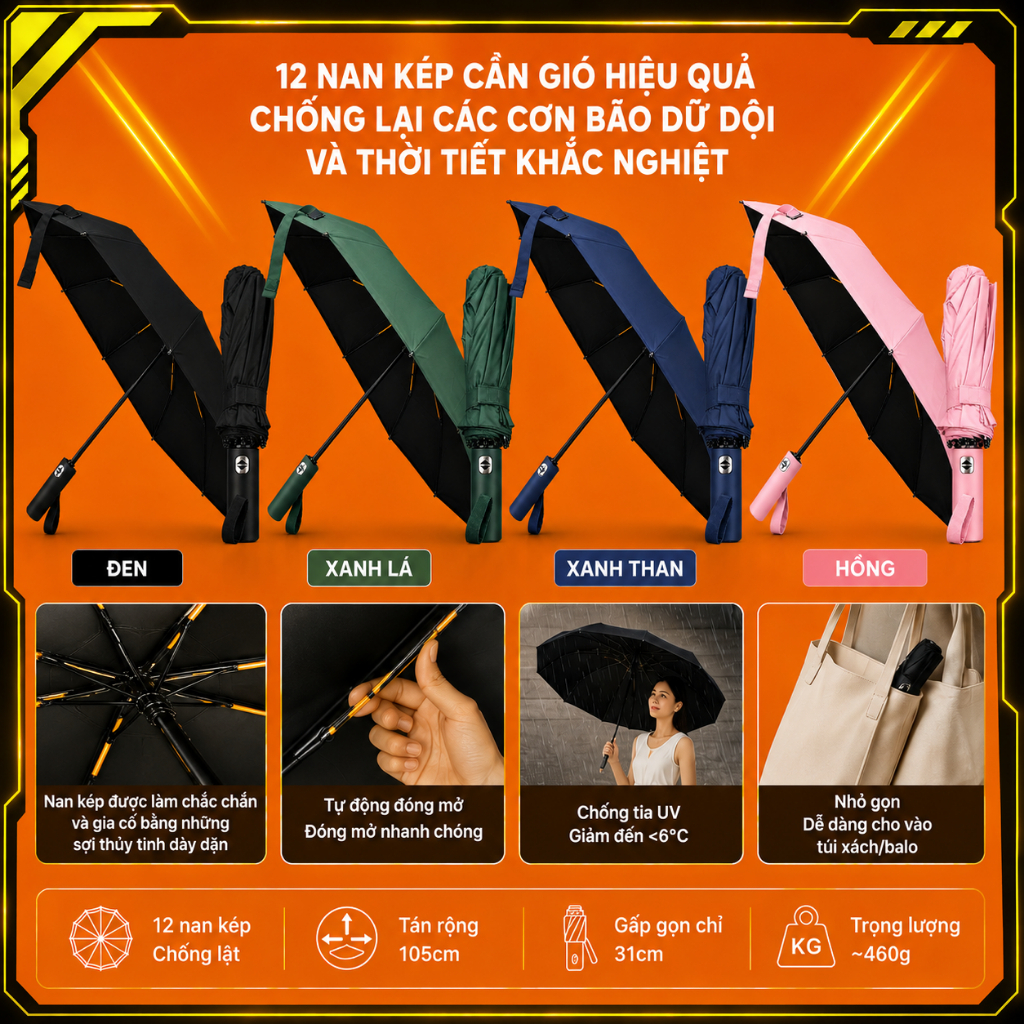 THLT-O che mưa gấp gọn, ô gấp gọn tự động 12 nan kép chắc chắn,nhỏ ngọn che mưa che nắng chống tia U