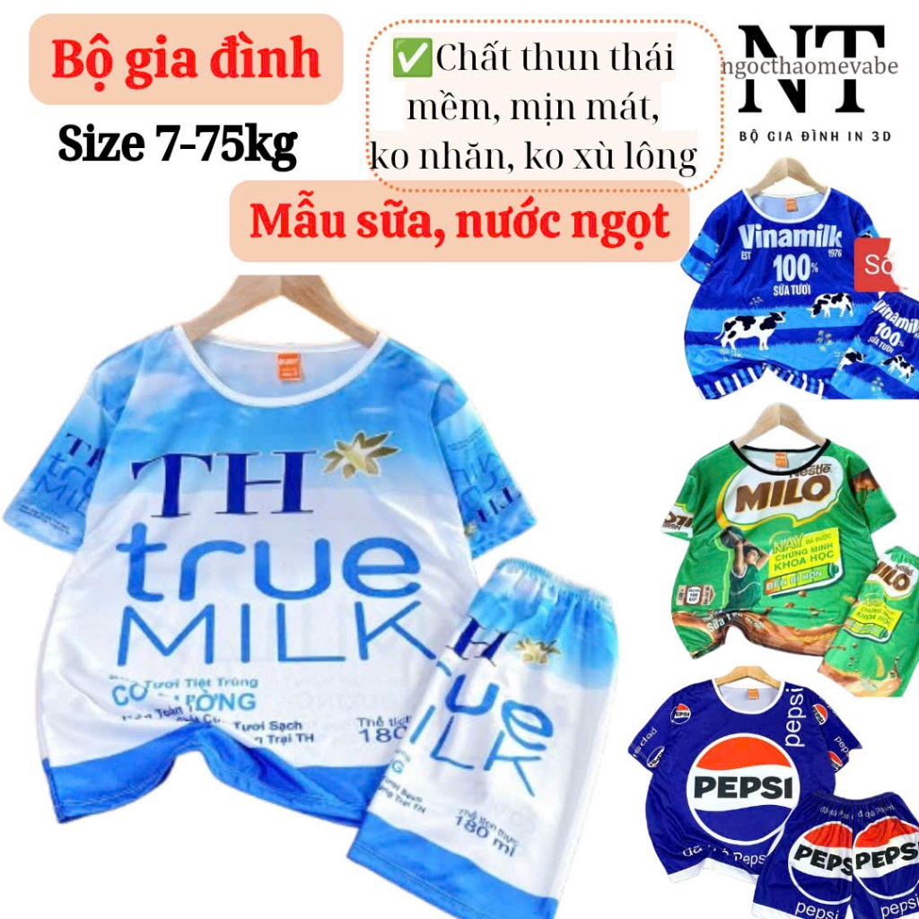 (7-75kg) Đồ bộ thun mẫu sữa TH true milk, sữa Milo, youmost thun mềm,mịn,mát,k0 nhăn,k xù lông,k bay màu