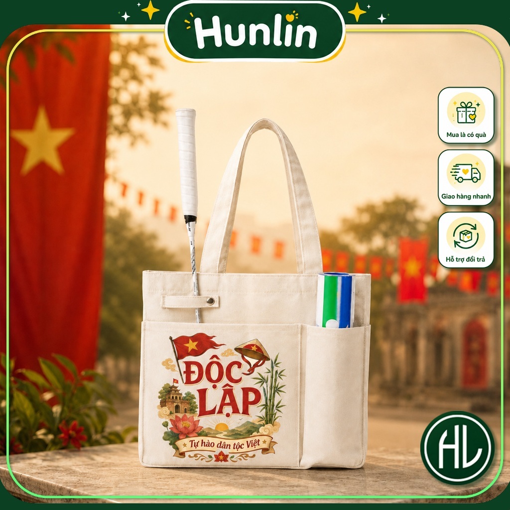 Túi Tote Canvas Hunlin, Túi Đựng Vợt Cầu Lông Túi Đi Học, Đi Chơi