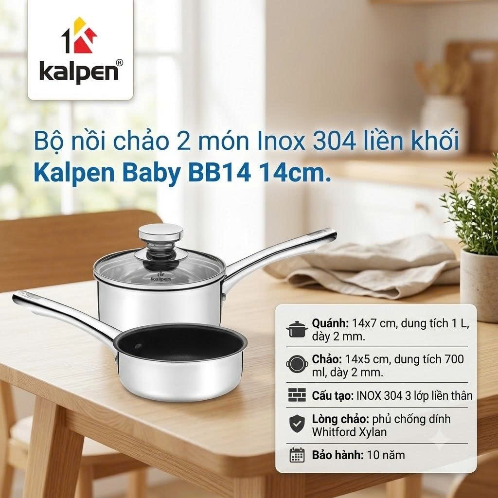 Bộ nồi chảo 2 món Inox 304 liền khối Kalpen Baby BB14 14cm II Kalpen Lermat L16 16cm II EMER EM16 II