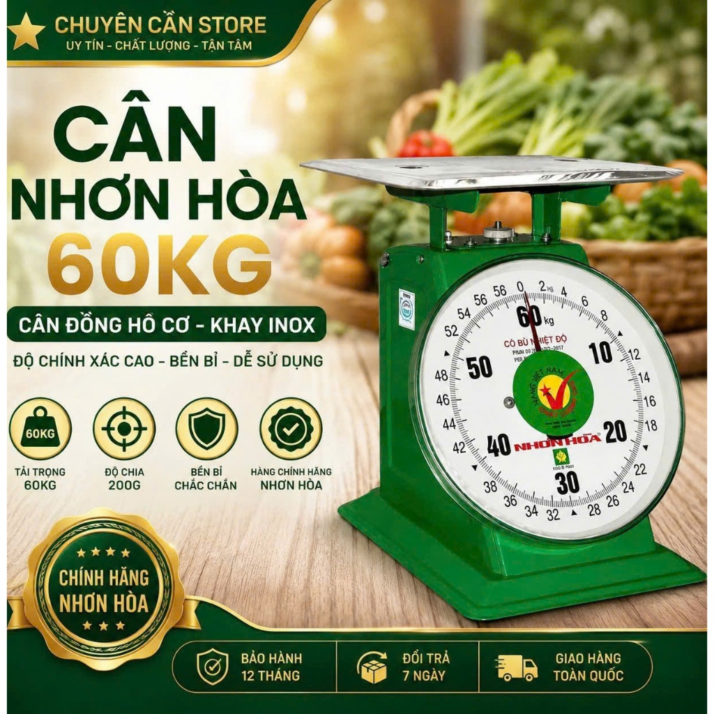 Cân Nhơn Hòa 60kg Khay Inox – Cân Đồng Hồ Cơ, Cân Hàng Gia Đình Cửa Hàng