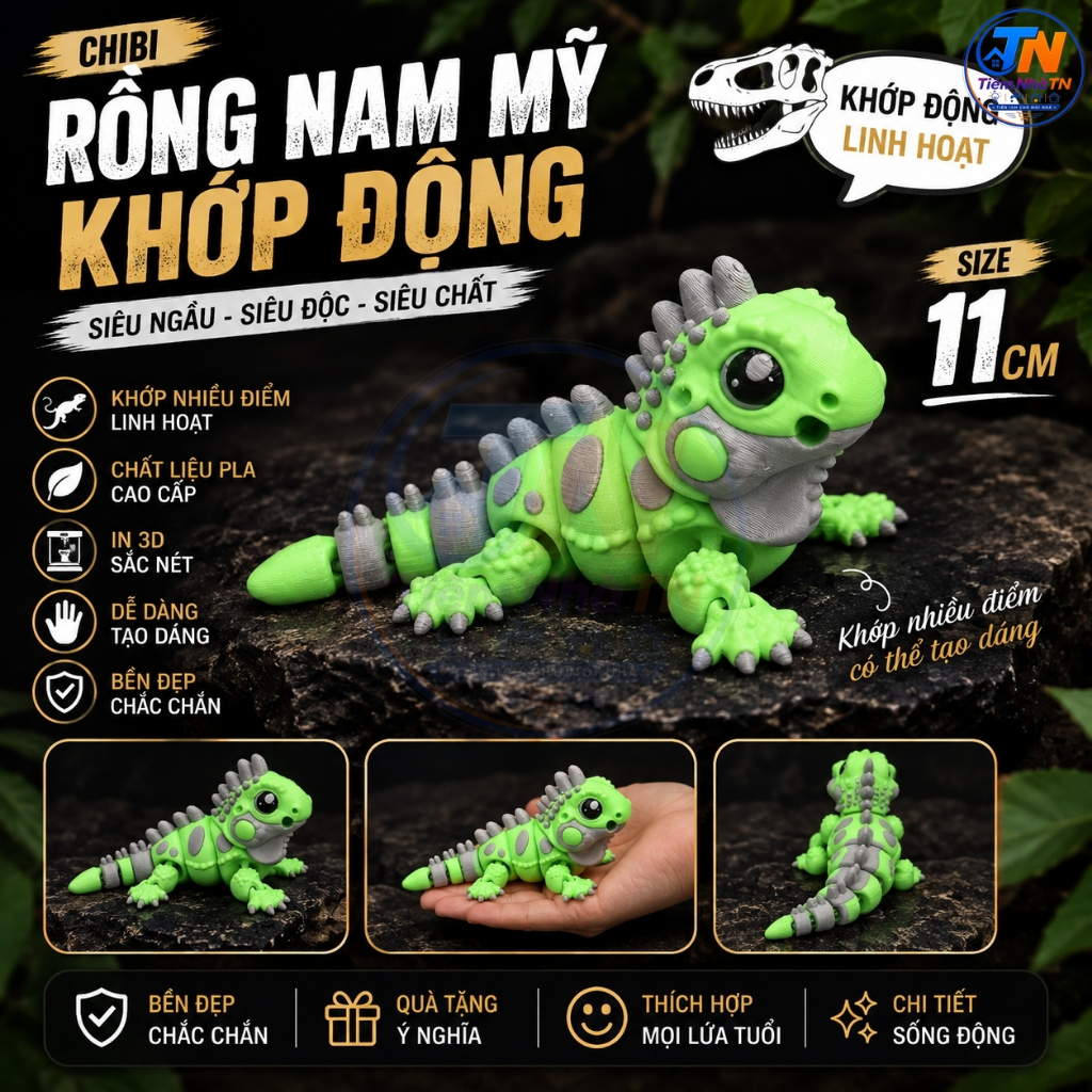 Rồng Nam Mỹ Chibi Khớp Động In 3D 11cm – Mô Hình Iguana Mini Nhựa PLA Trang Trí, Quà Tặng
