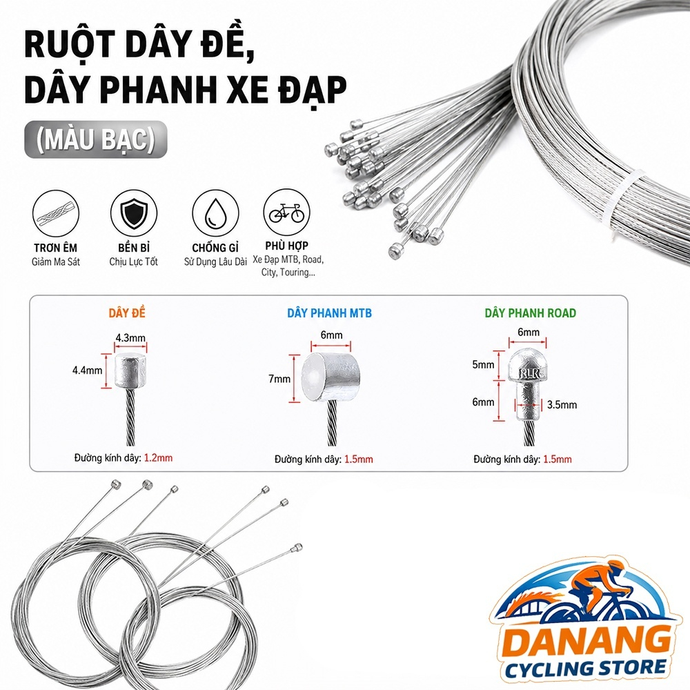 Ruột Dây Đề Dây Phanh Xe Đạp (Màu Bạc) – Lõi Cáp Thép Inox Thay Thế Cho Xe Đạp Road/MTB