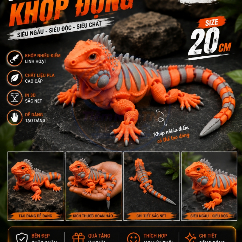 Mô Hình Rồng Nam Mỹ Iguana Khớp Động In 3D 20cm – Mô Hình Bò Sát Nhựa PLA Trang Trí, Sưu Tầm