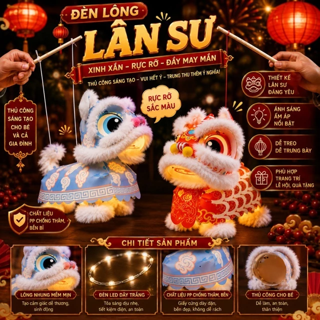 (Bán Chạy)Đèn Lồng Lân Sư 2026-Điều Khiển Dây Kéo Sinh Động Thủ Công, Đồ Chơi Trung Thu Cho Bé